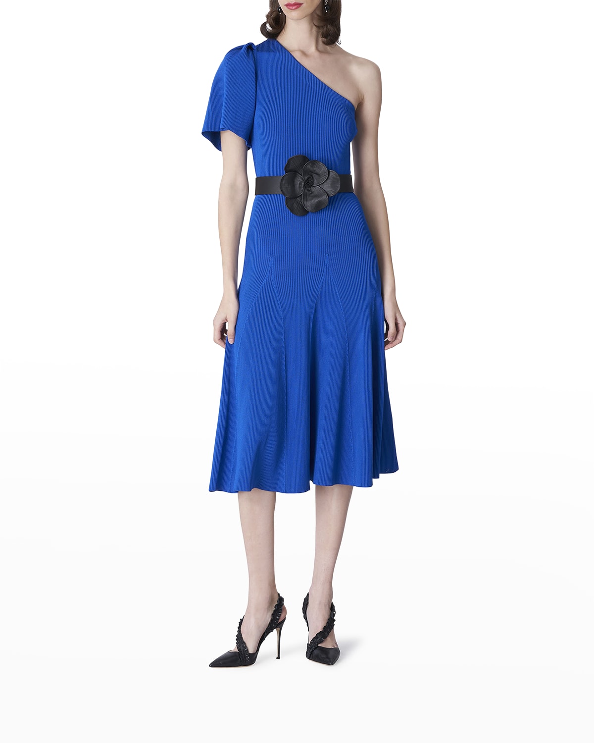 One-Shoulder Flutter-Sleeve Rib Midi Dress