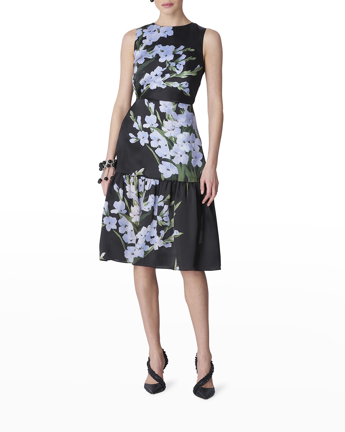 Floral-Print Gathered Flounce-Skirt Midi Dress