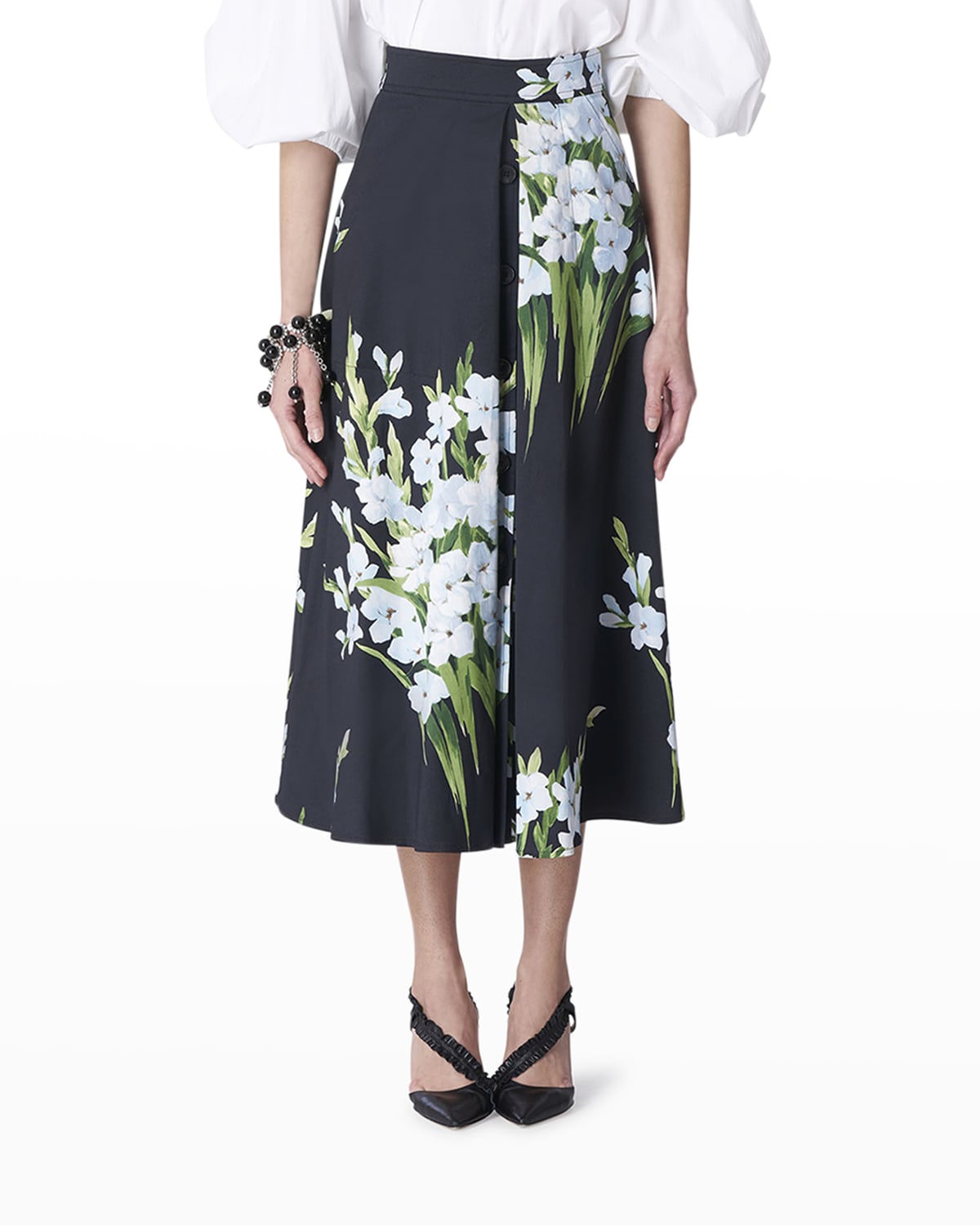 Floral Button-Front A-Line Midi Skirt