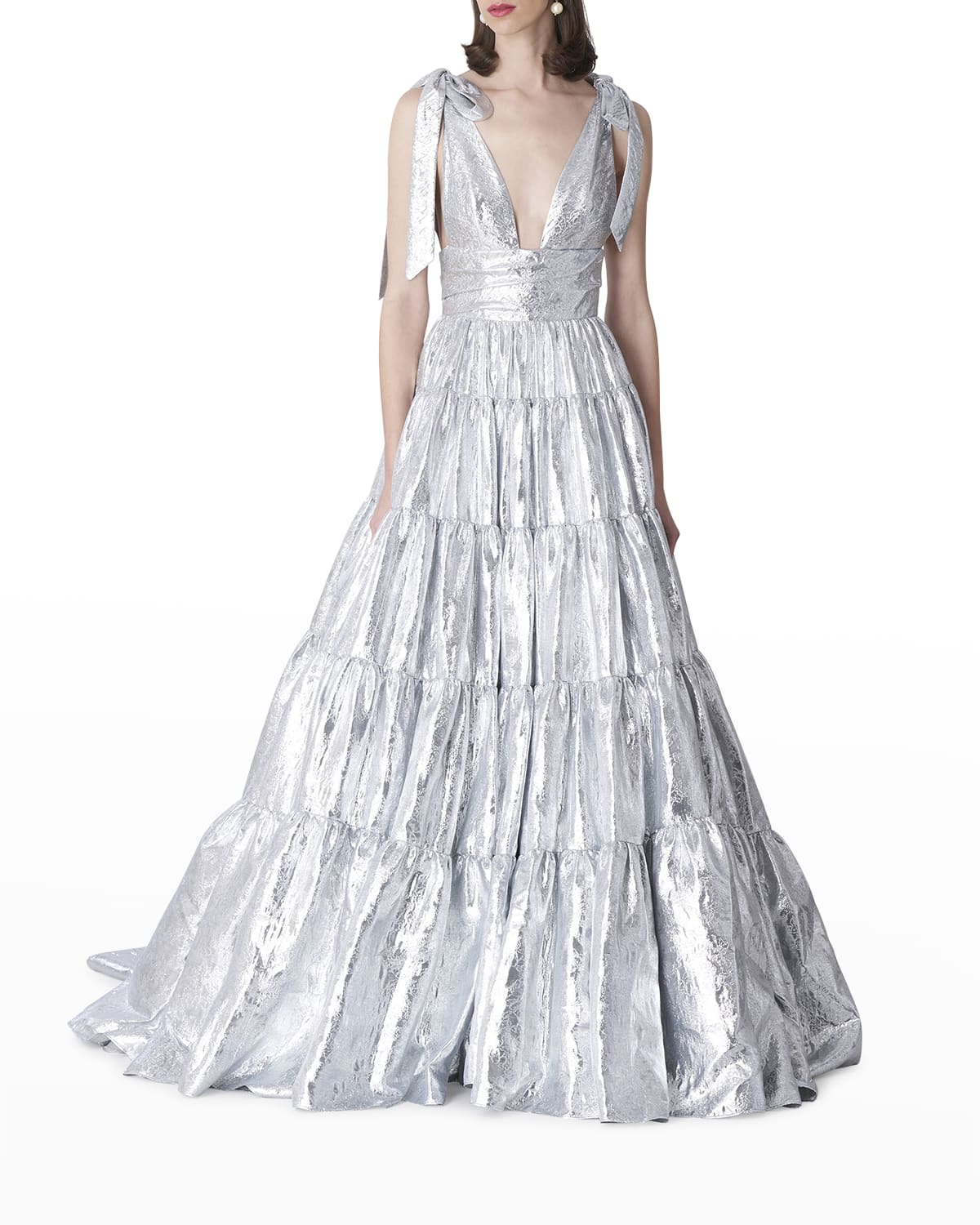 Bow-Strap Metallic Jacquard Tiered Gown
