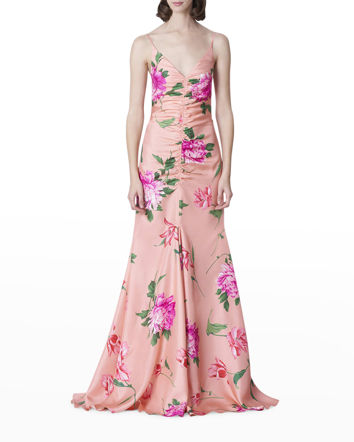 Floral-Print Ruched Silk Gown