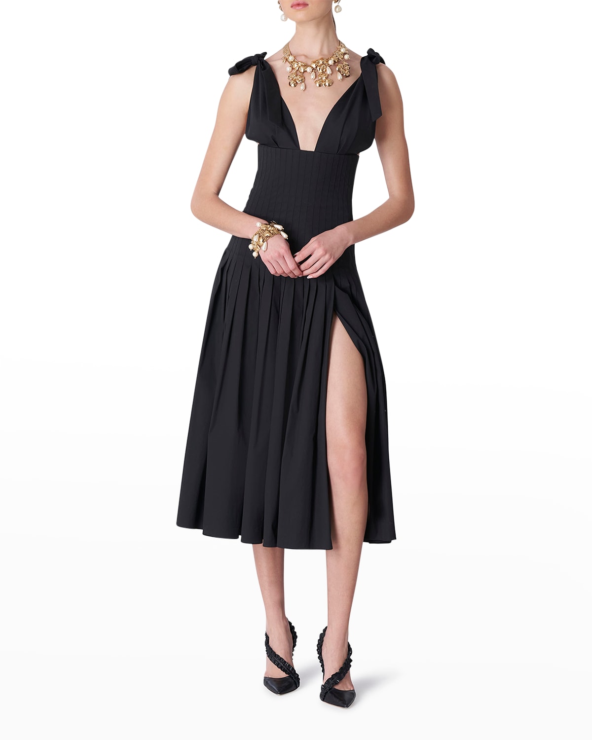 Bow Strap Pleated Thigh-Slit Midi Dress