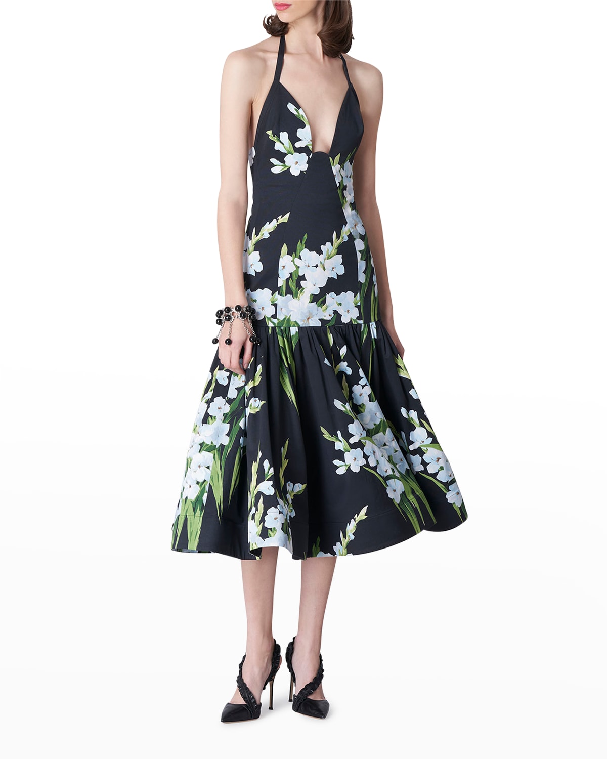 Floral-Print Drop-Waist Plunging Halter Midi Dress