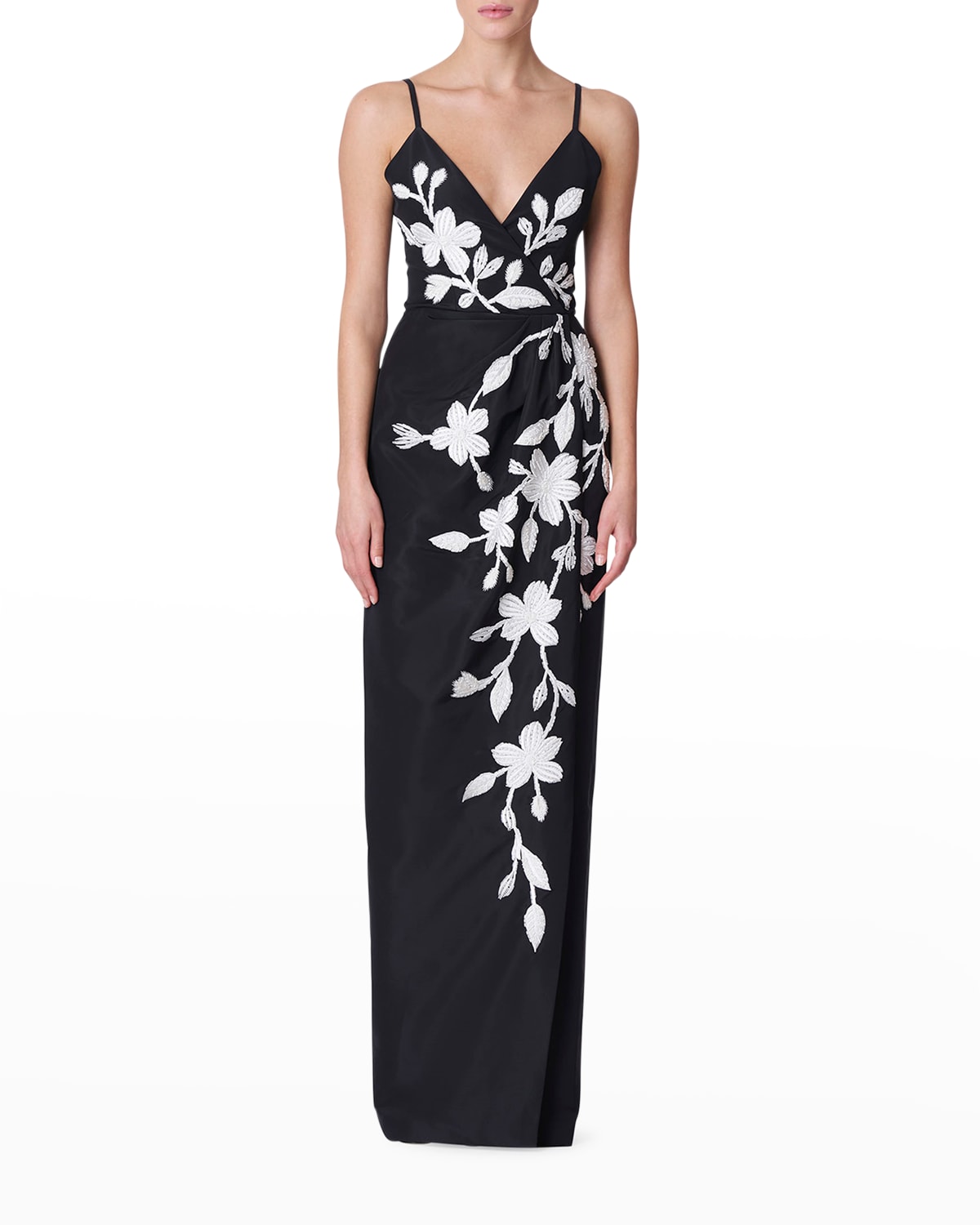 Floral-Embroidered Twist Column Gown