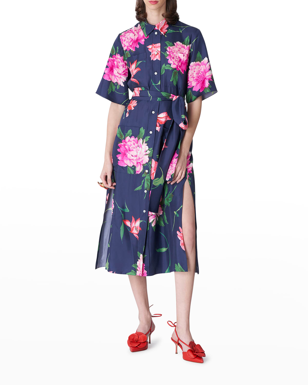 Floral-Print Waist-Tie Midi Shirtdress
