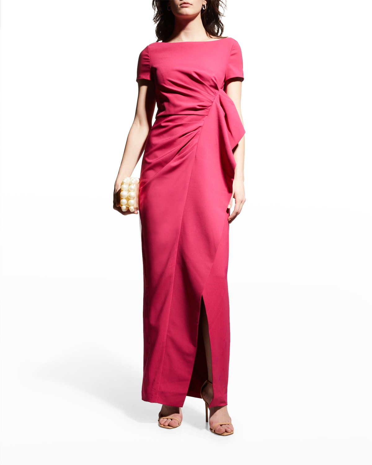 Pleated Short-Sleeve Crepe Gown w/ Drape