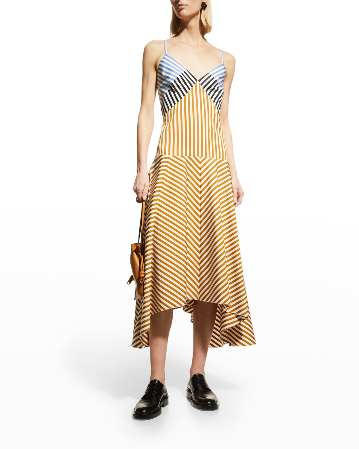 PARTOW Colorblock Striped Drop-Waist Midi Dress