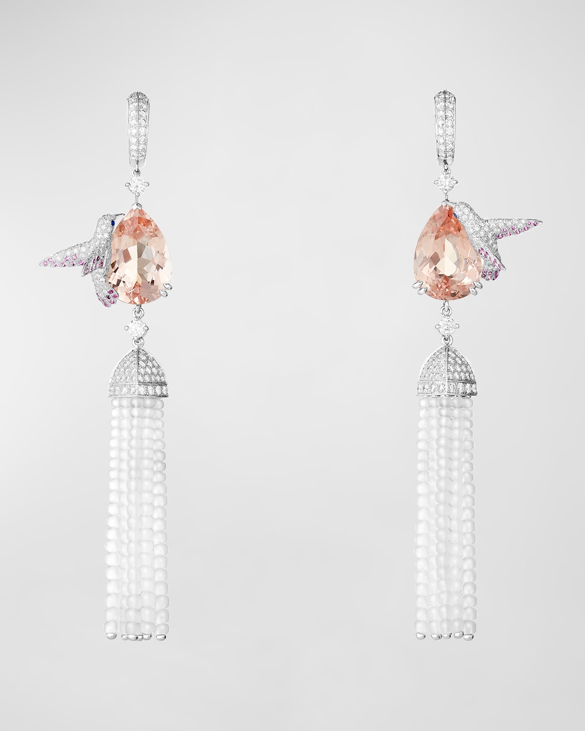 Hopi, The Hummingbird Pendant Earrings in 18K White Gold, Morganite and Diamonds