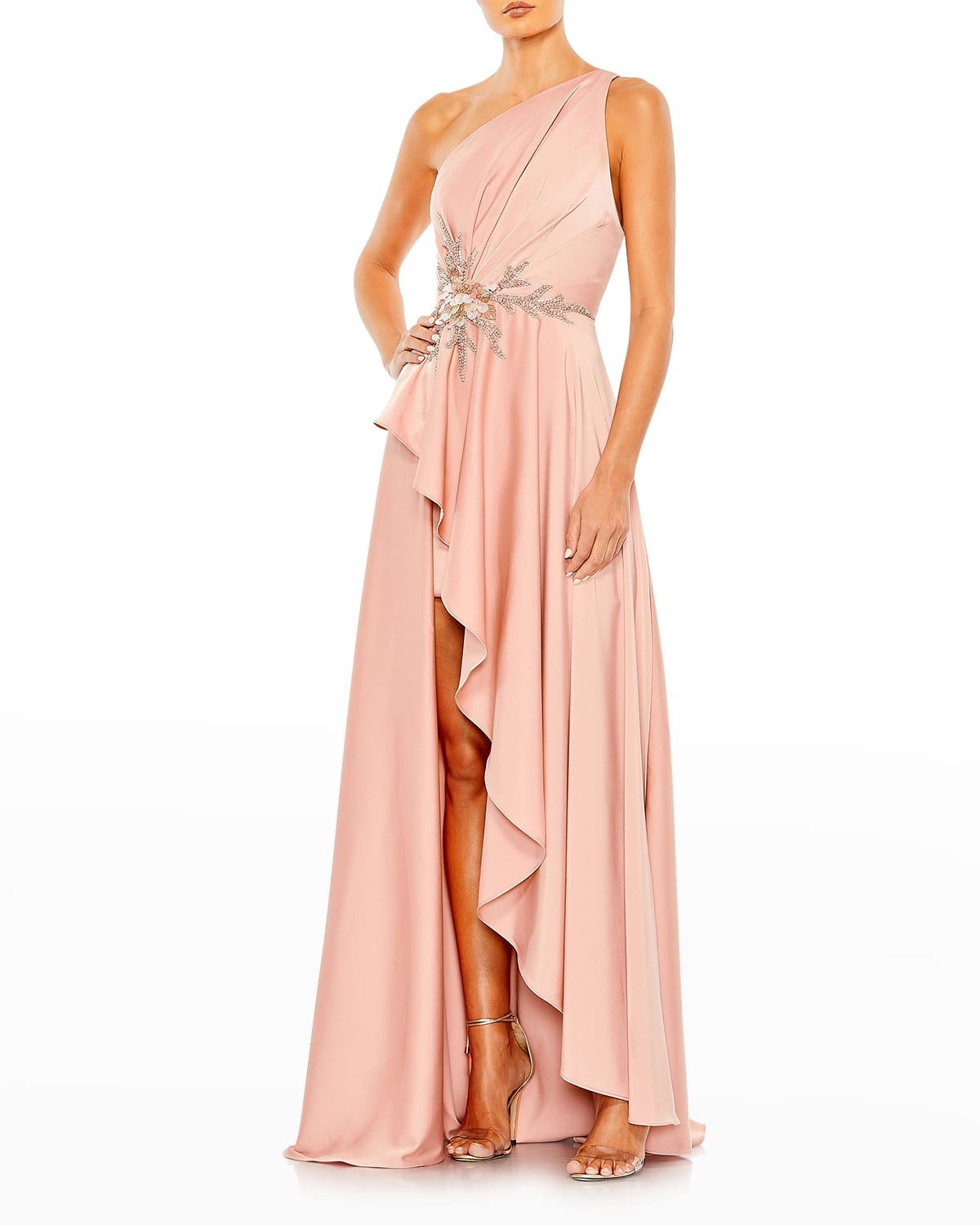 MAC DUGGAL ONE-SHOULDER RUCHED SATIN GOWN