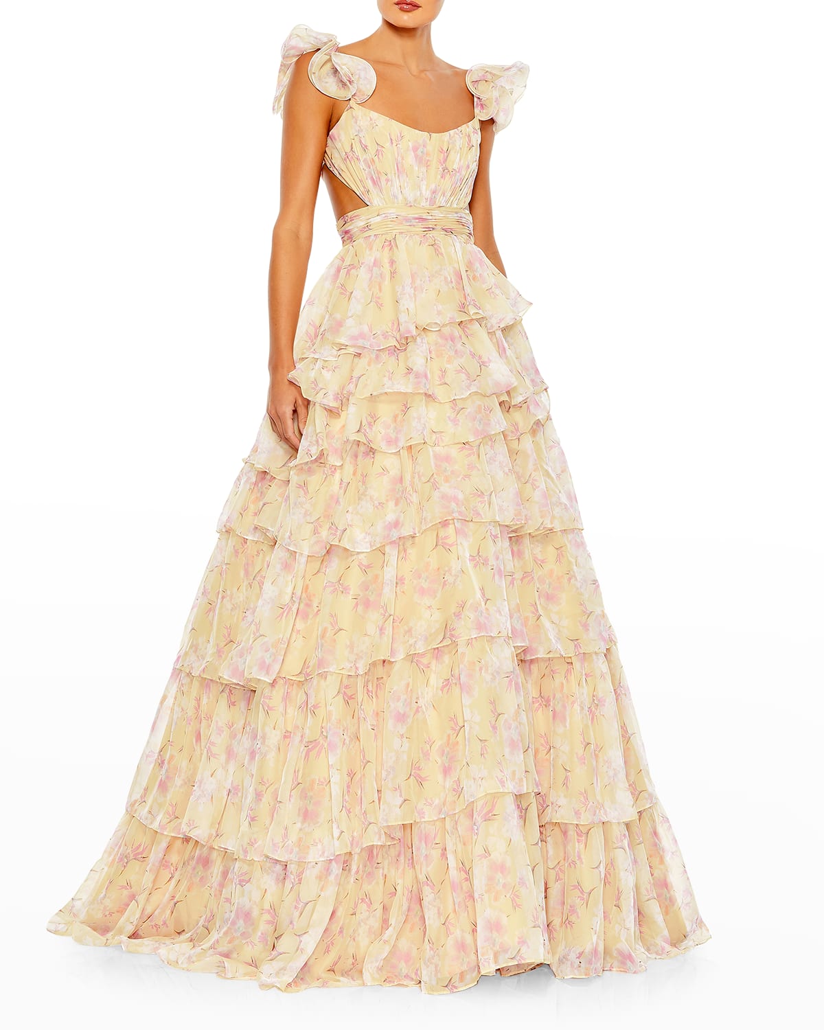 MAC DUGGAL FLORAL-PRINT TIERED RUFFLE GOWN