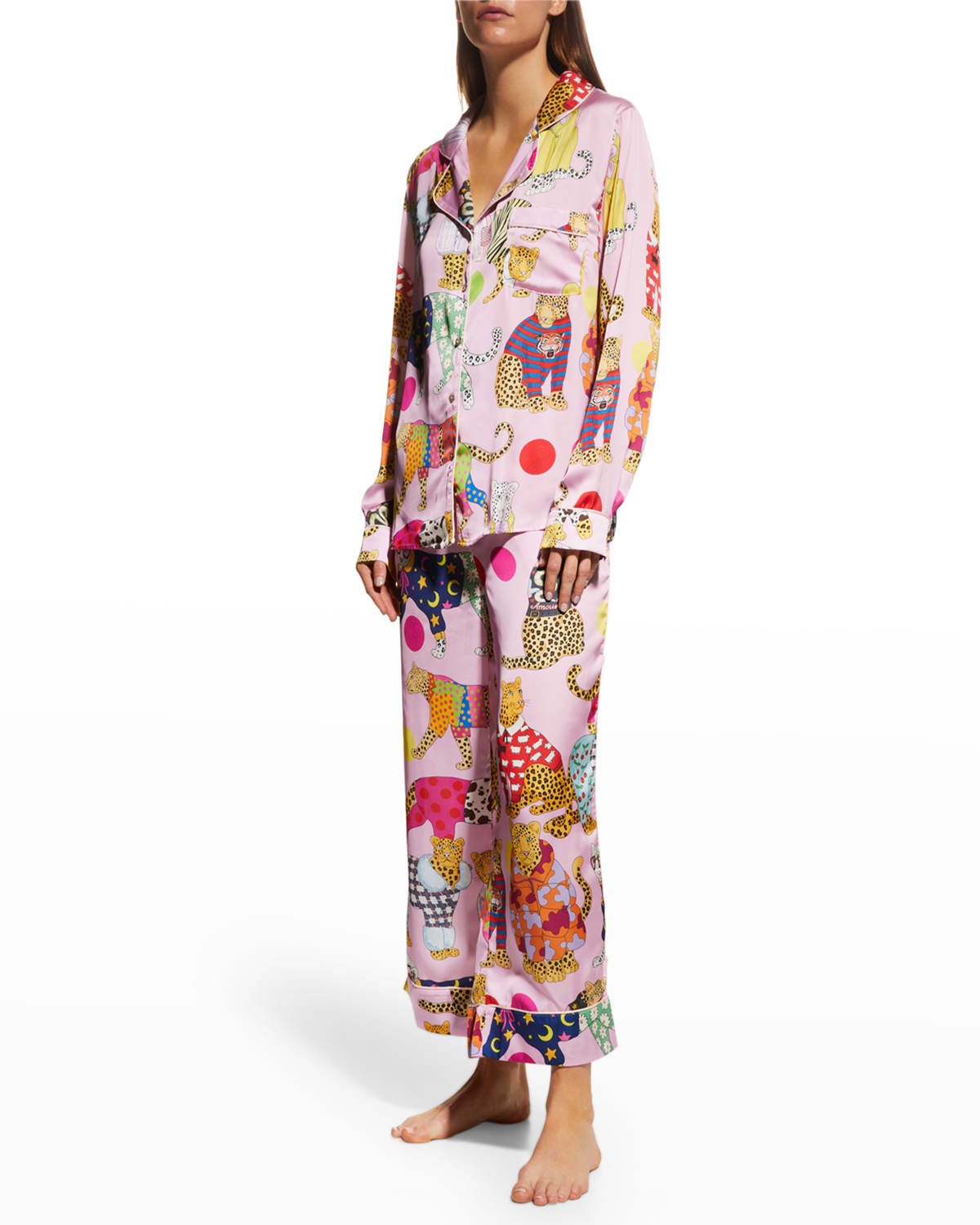 Karen Mabon Leopard Cropped Satin Pajama Set