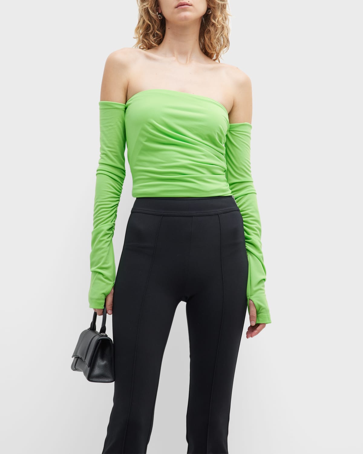 HELMUT LANG TWIST OFF-THE-SHOULDER LONG-SLEEVE GATHERED TOP