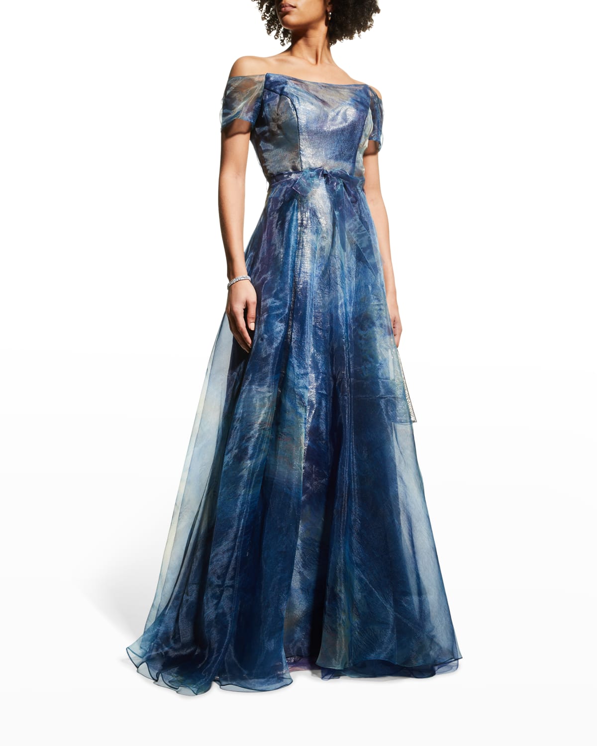 Rene Ruiz Organza Off-shoulder Gown In Blue Print | ModeSens