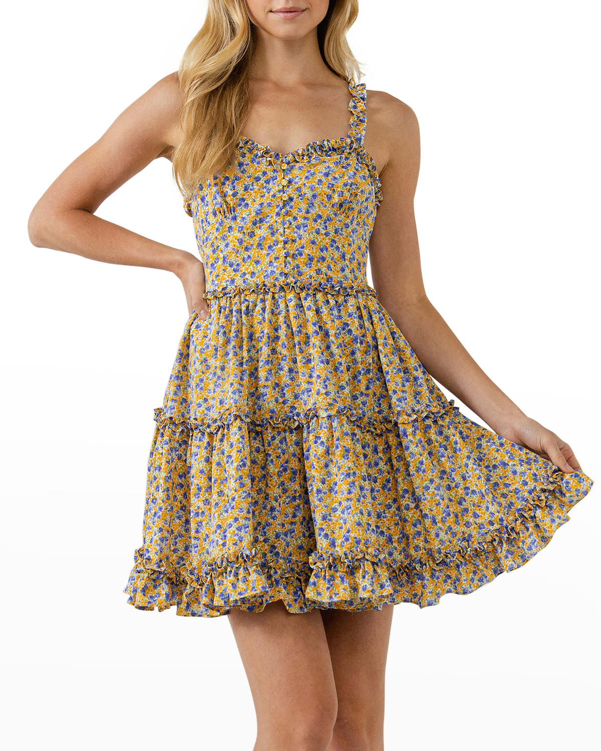 Free The Roses Floral Ruffle Tiered Fit-and-flare Mini Dress In Orange Multi