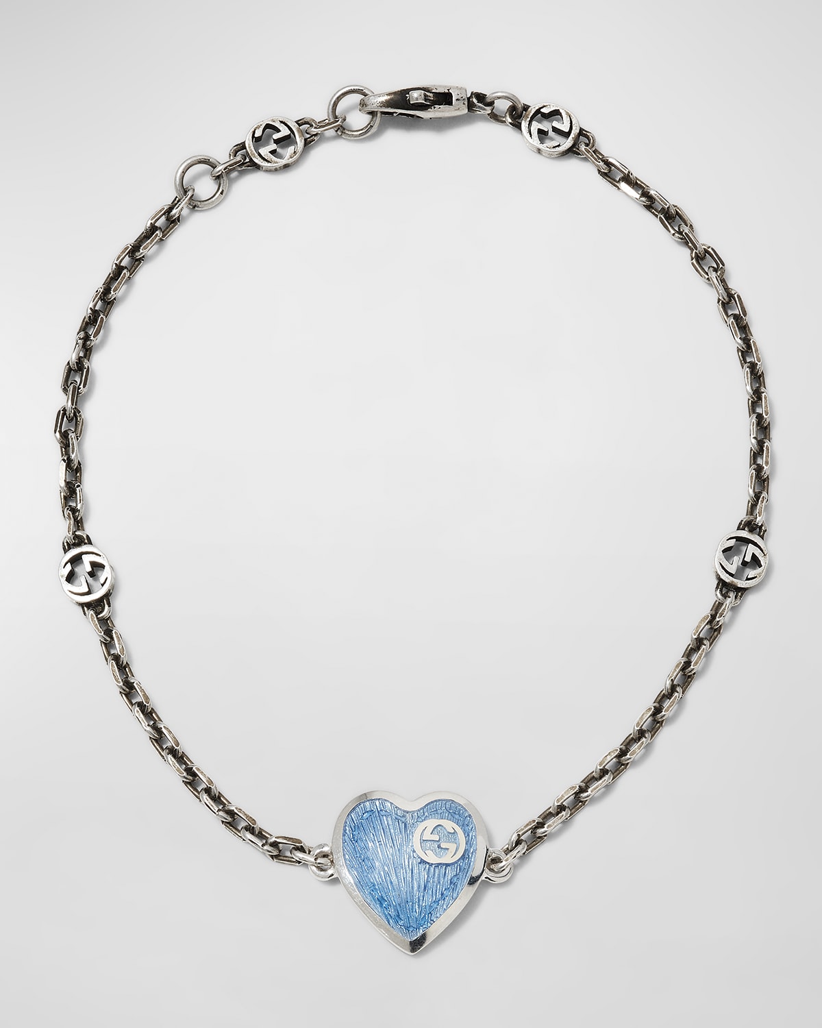 Gucci Sterling Silver Heart Bracelet With Interlocking G In Blue