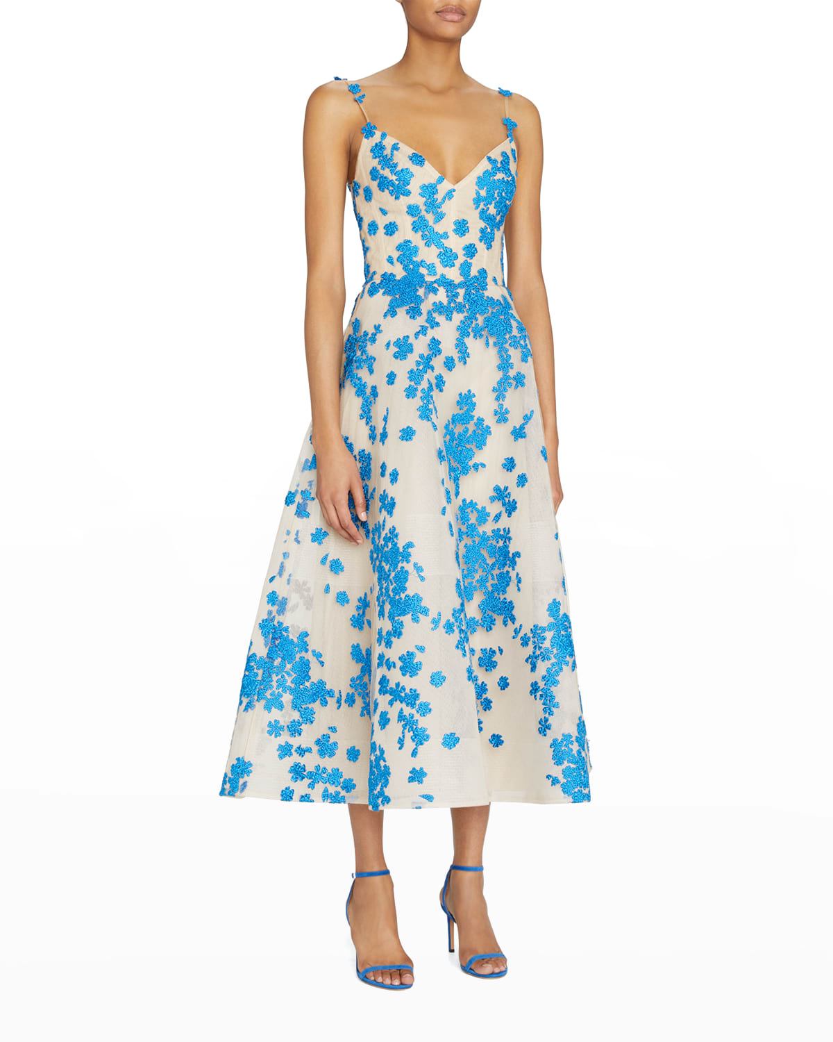 MONIQUE LHUILLIER FLORAL-EMBROIDERED TULLE MIDI DRESS