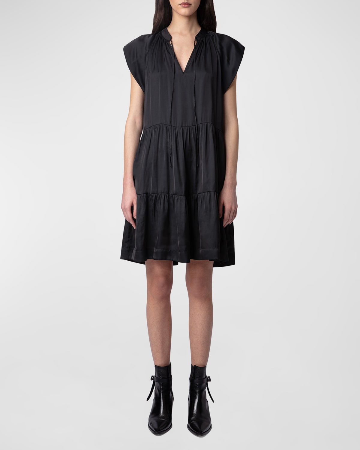 Shop Zadig & Voltaire Rito Satin Self-tie High Neck Tiered Mini Dress In Noir