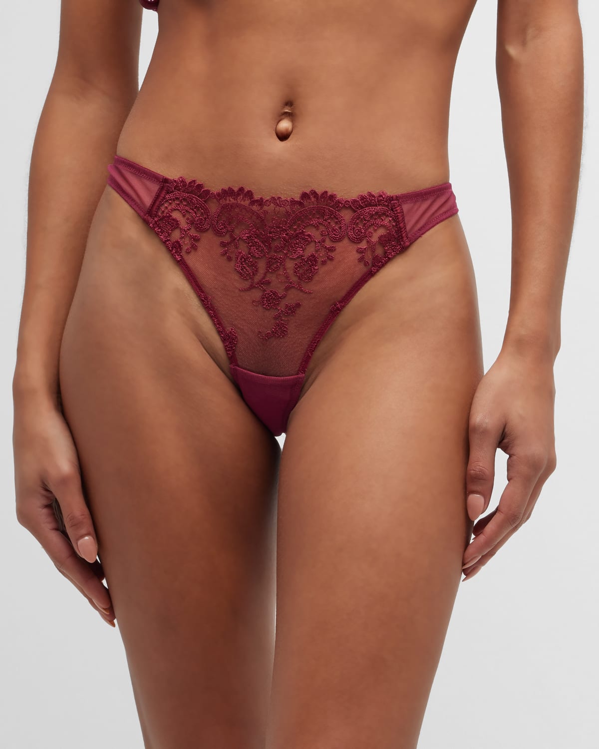 Kiki De Montparnasse Juliette Embroidered Tulle Thong In Cabernet