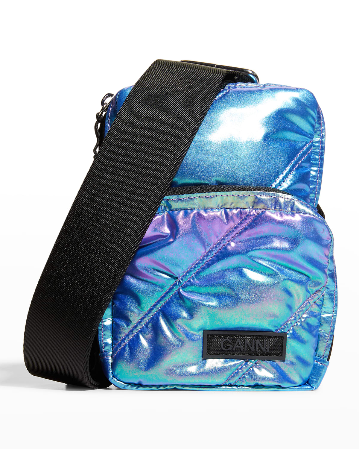 Ganni Quilted Iridescent Recycled Tech Crossbody Bag In Rainbow