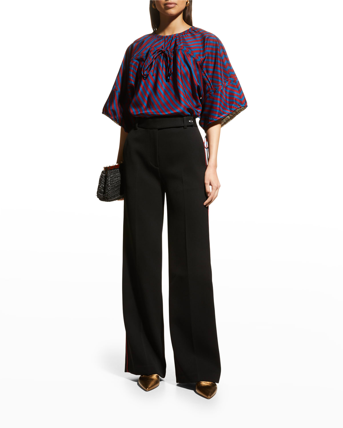 Tory Burch Striped Tie-front Silk Top In Navy/burgundy
