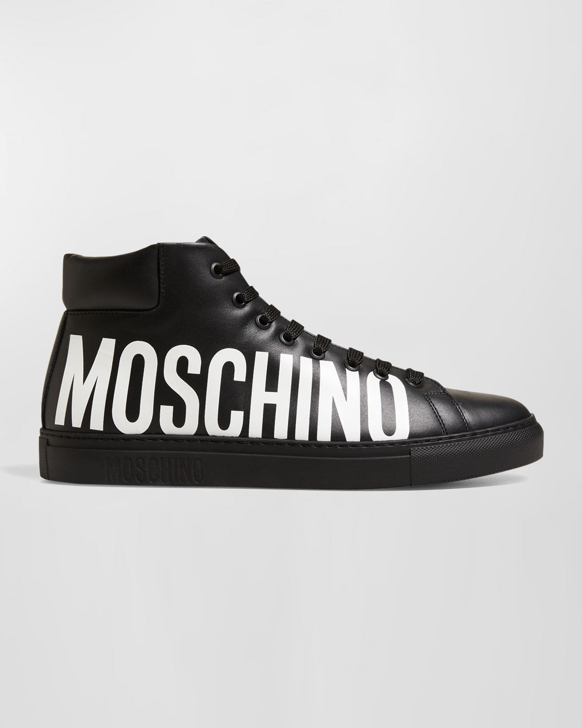 Shop Moschino Men's High-top Leather Logo Sneakers In Black