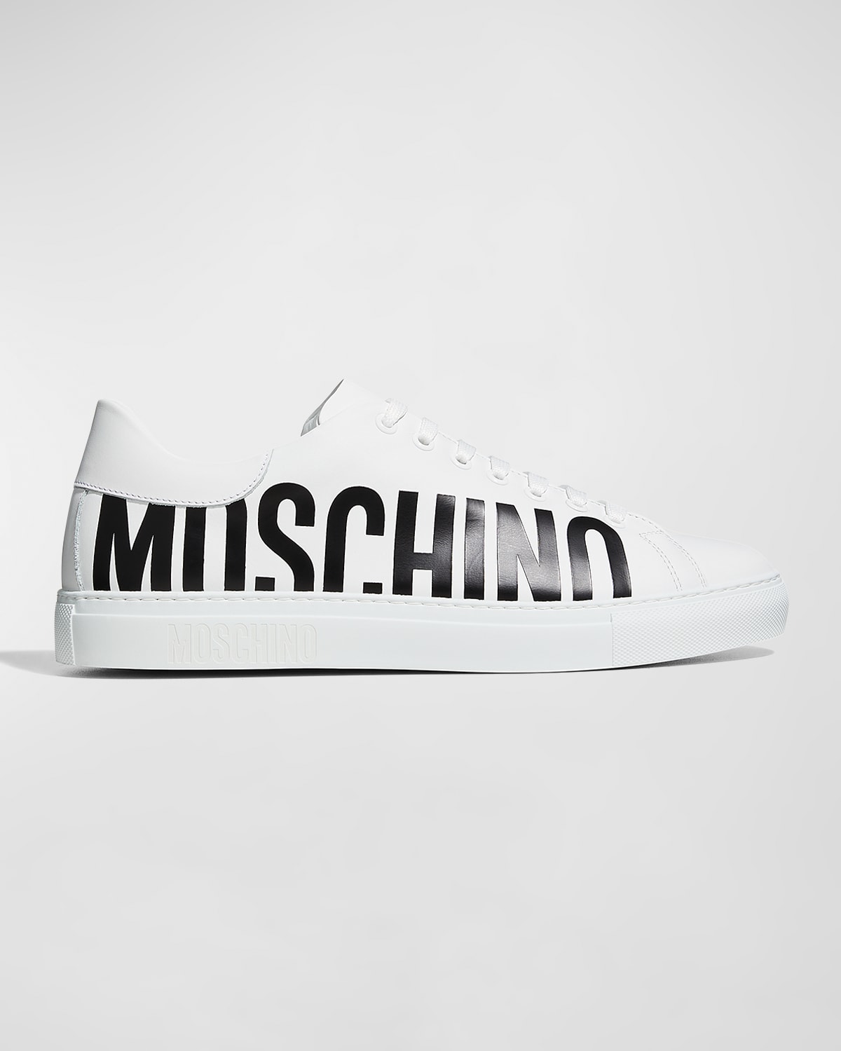 Shop Moschino Men's Low-top Leather Logo Sneakers In White