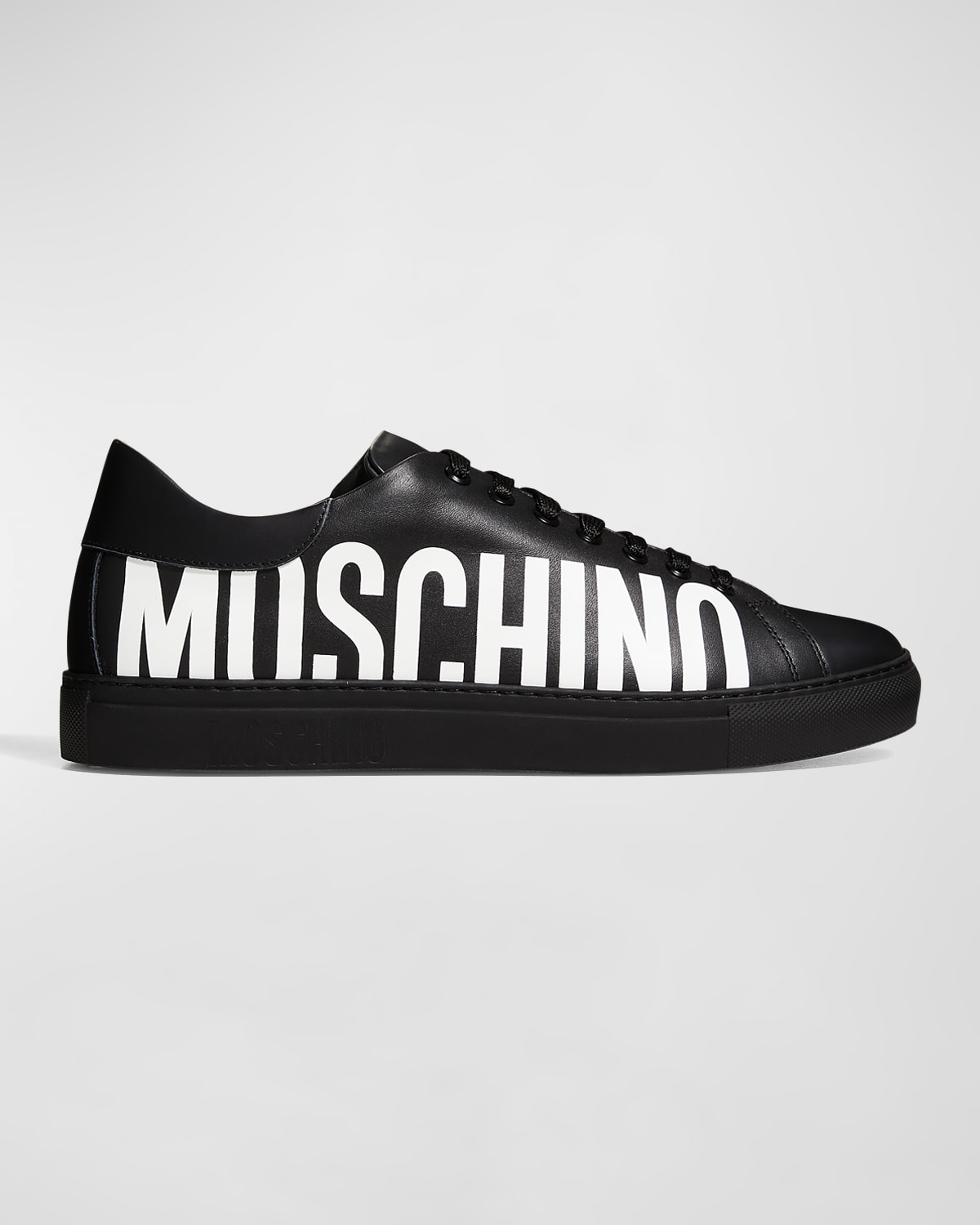 Shop Moschino Men's Leather Low-top Logo Sneakers In Black