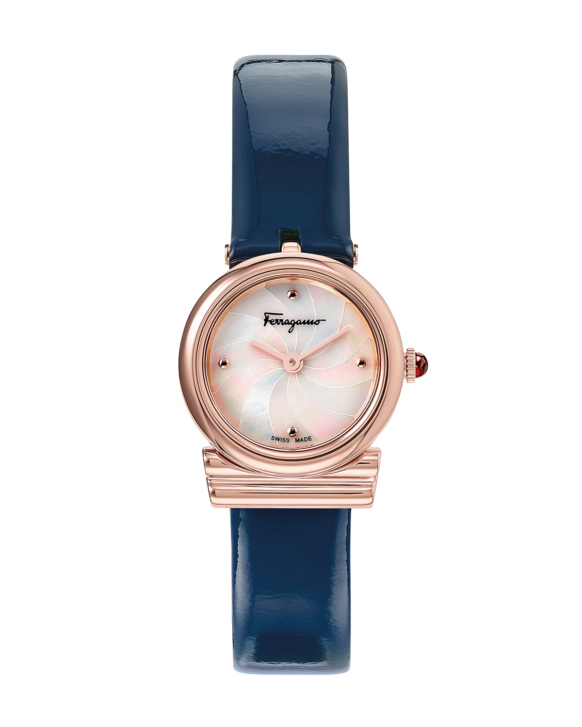 Ferragamo Gancini Stainless Steel Watch With Leather Strap, Rose Gold Ip In White/blue