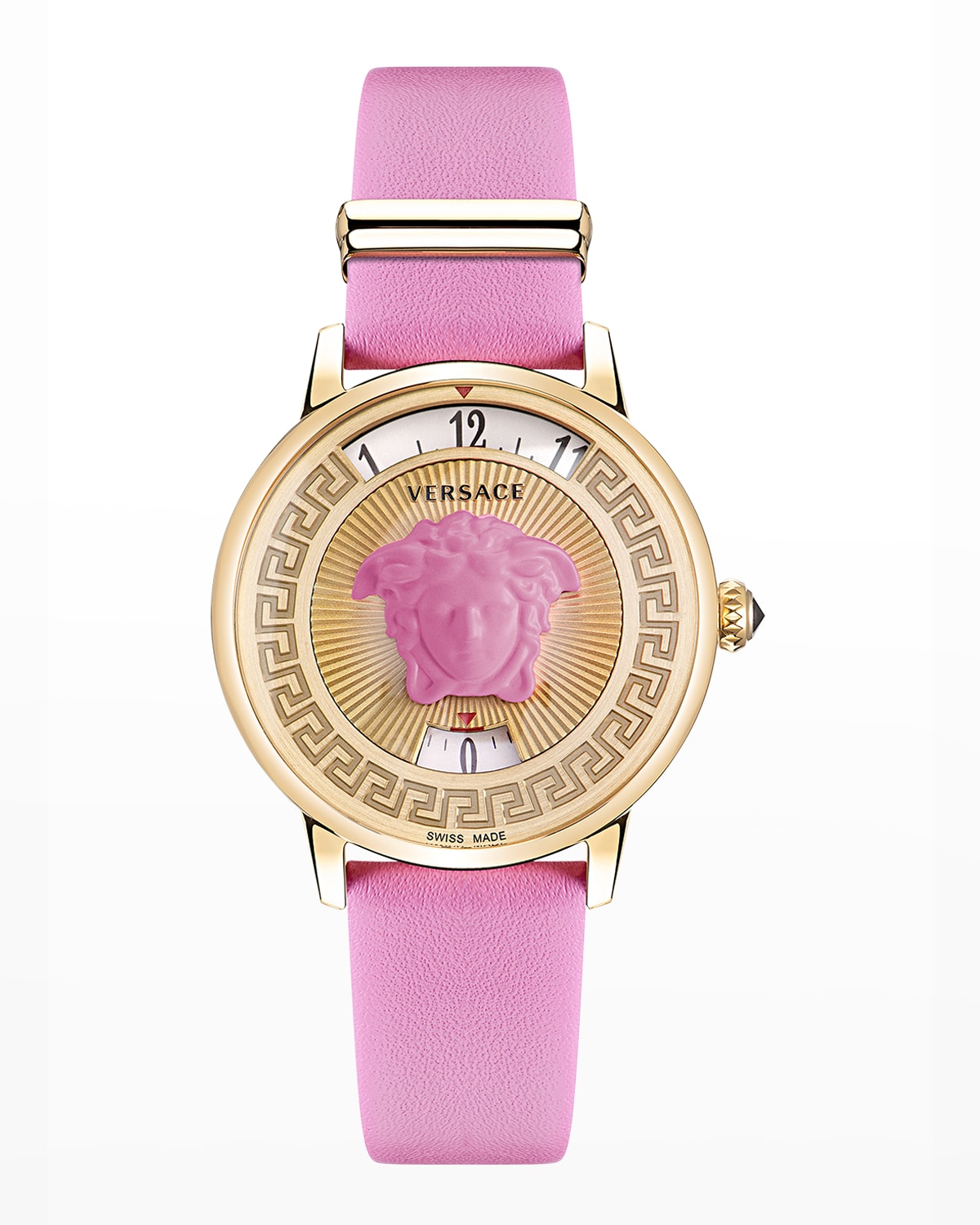 Versace Medusa Icon Watch with Pink Leather Strap, Yellow Gold IP