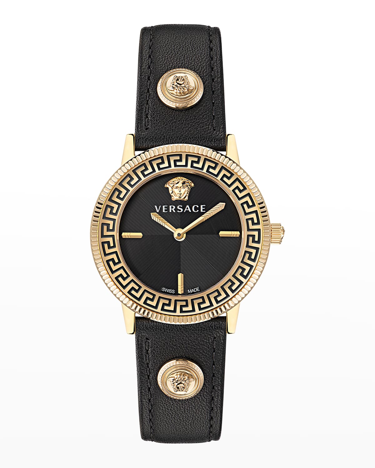 Versace V-Tribute Watch with Black Leather Strap, Yellow Gold IP