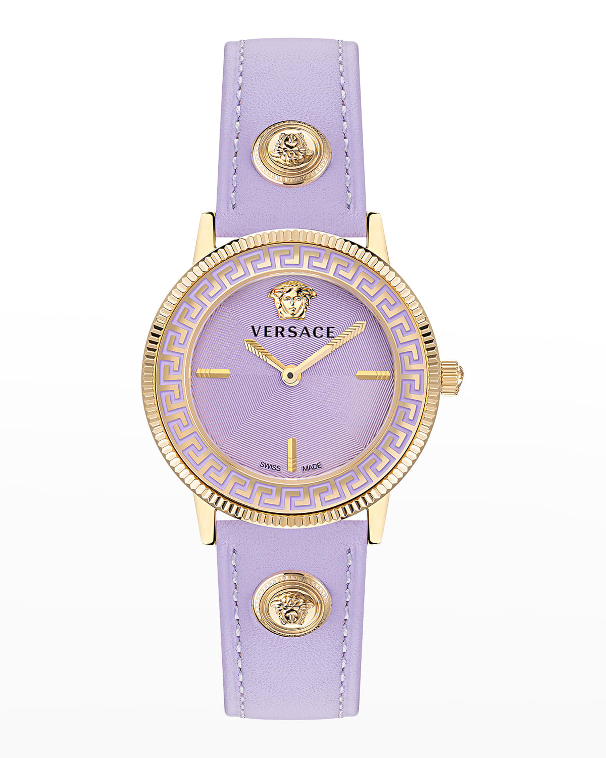 Versace V-Tribute Watch with Purple Leather Strap, Yellow Gold IP