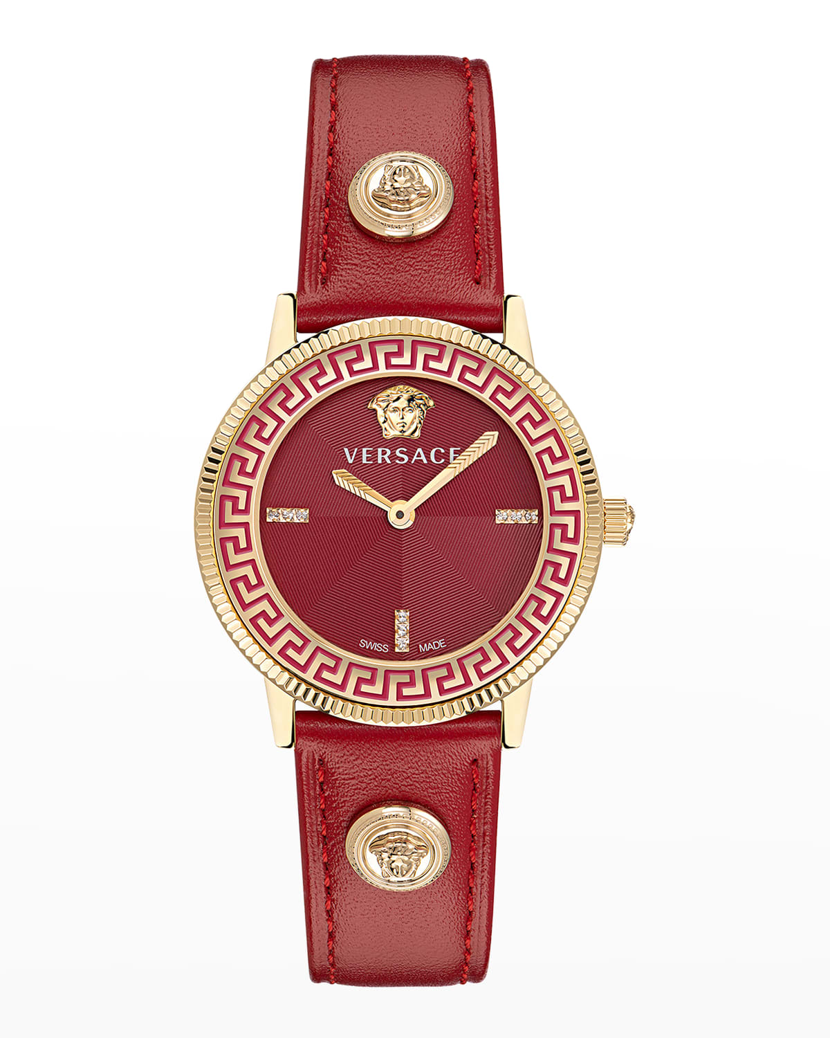 Versace V-Tribute Watch with Red Leather Strap, Yellow Gold IP
