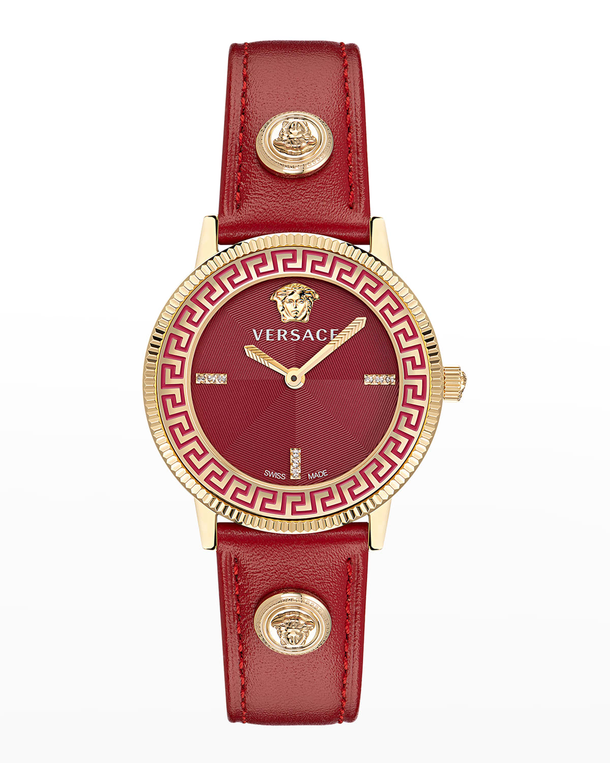 VERSACE V-TRIBUTE WATCH WITH RED LEATHER STRAP, YELLOW GOLD IP