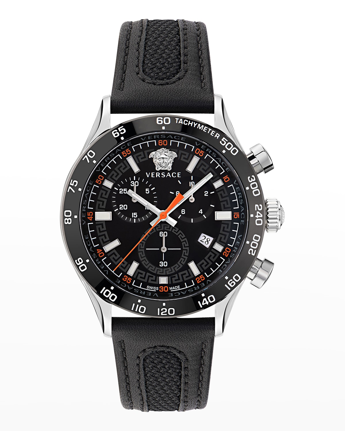 Versace Hellenyium Chrono Leather Watch In Black