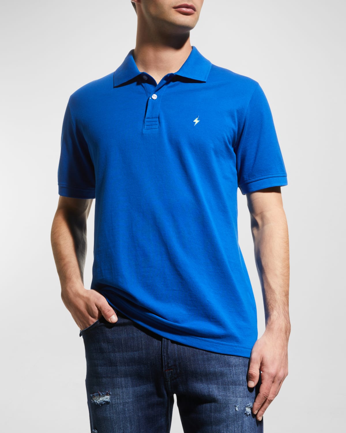 Jared Lang Men's Lightning Bolt Pima Cotton Knit Piqué Polo Shirt In Blue