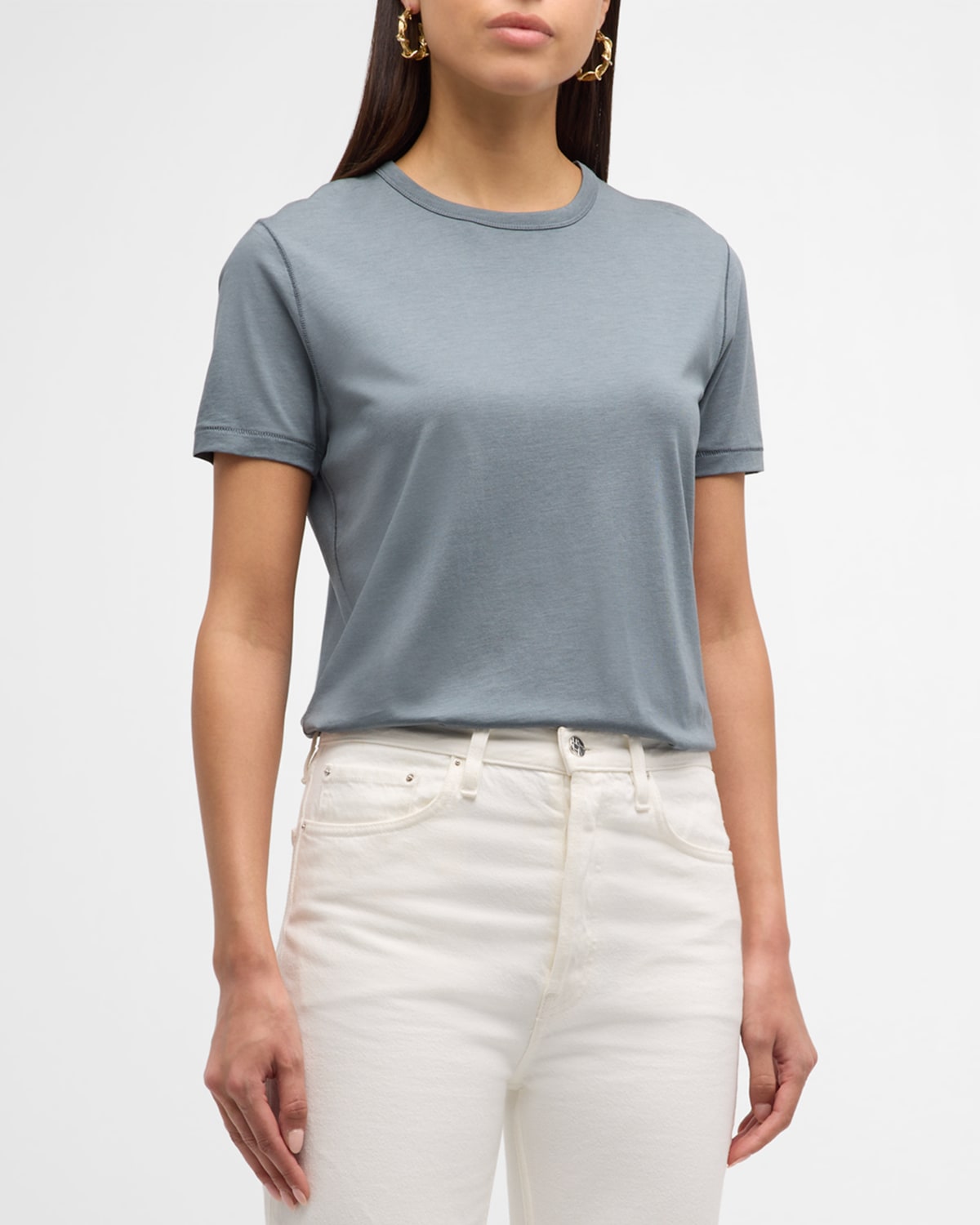 Majestic Lyocell Cotton Semi-relaxed Short-sleeve Crewneck Tee In Blue/gray