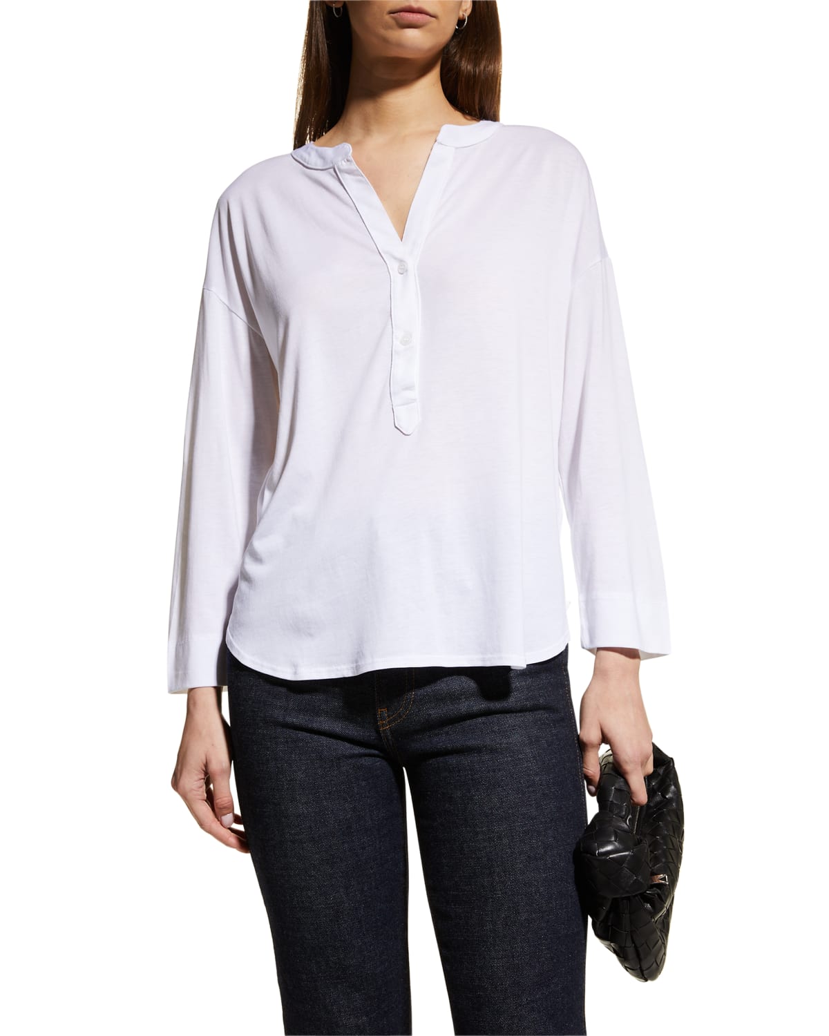 Majestic Lyocell Cotton Semi-relaxed 3/4-sleeve Henley Top In Blanc