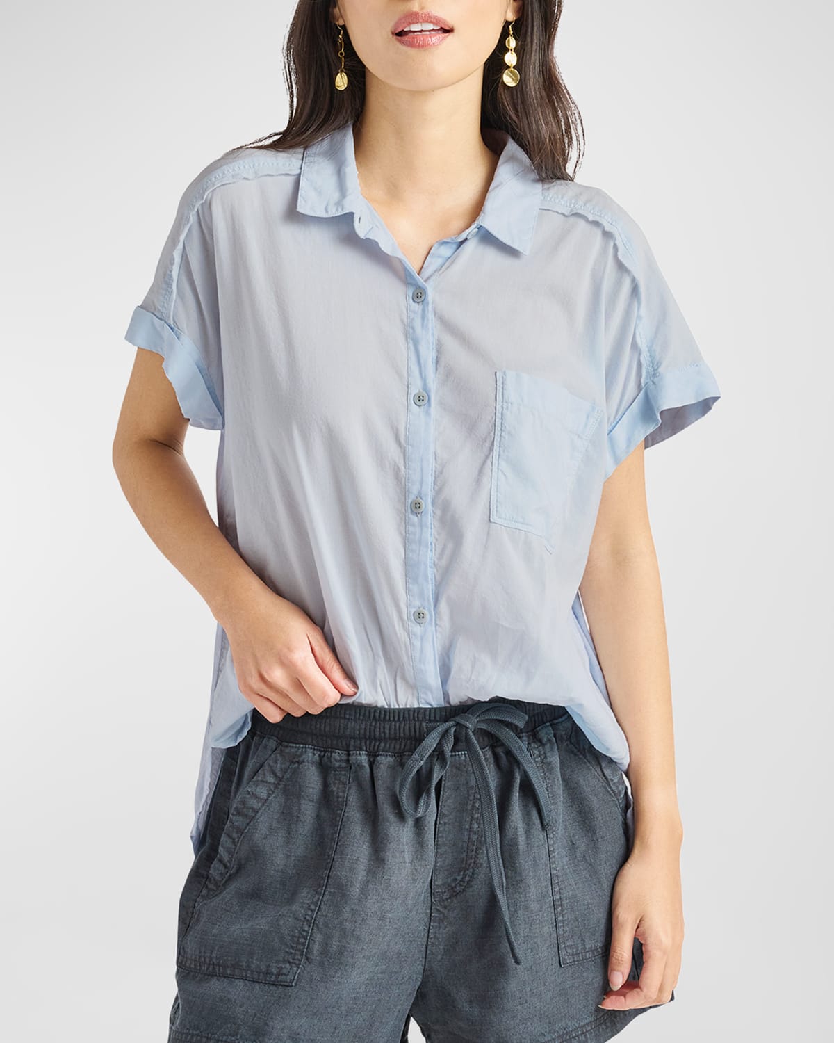 Splendid High-low Cotton Blend Button-up Shirt In Chicory