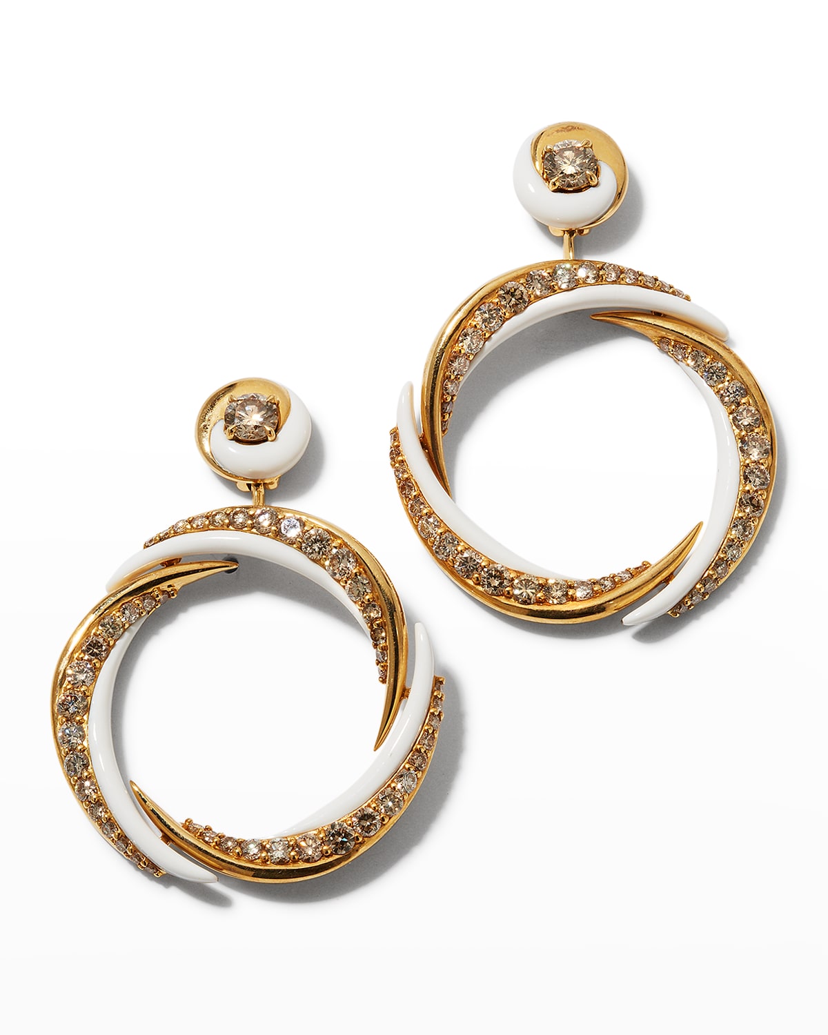 Etho Maria 18K Yellow Gold Brown Diamond and White Enamel Earrings
