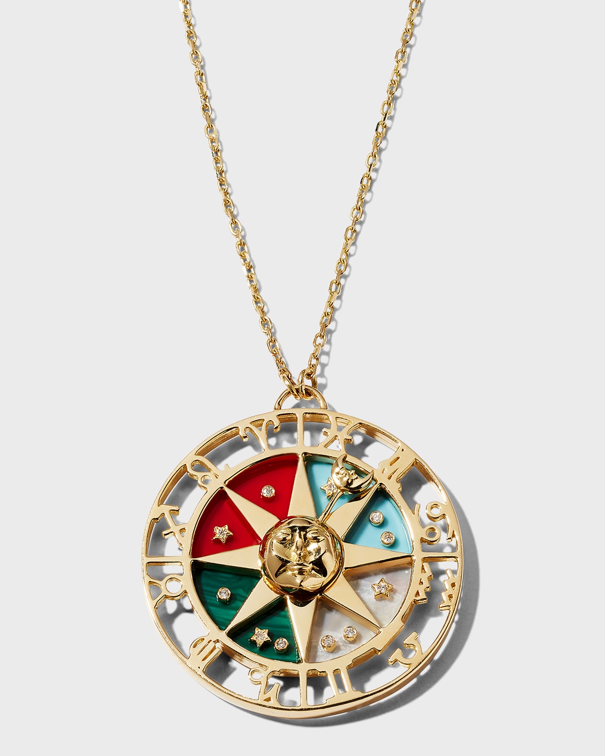 Yellow Gold Zodiac Wheel Necklace with Stones