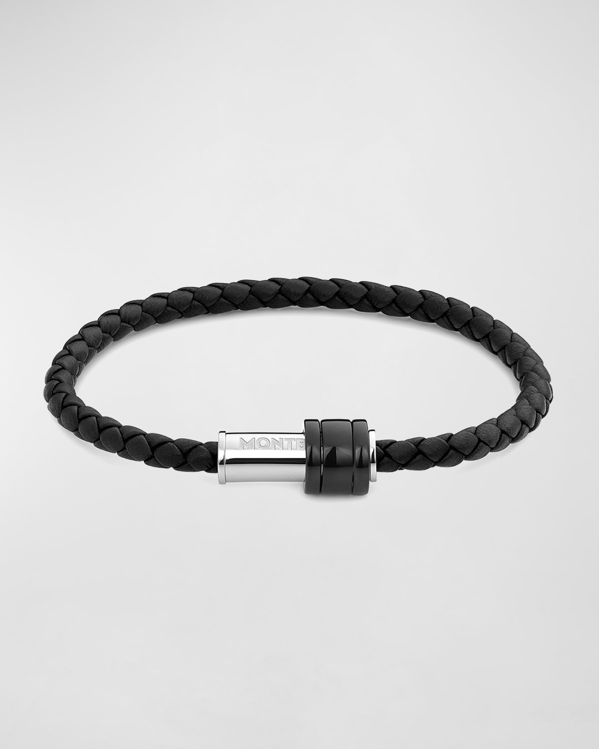 Shop Montblanc Men's Woven Leather Bracelet In Black &amp; Silver