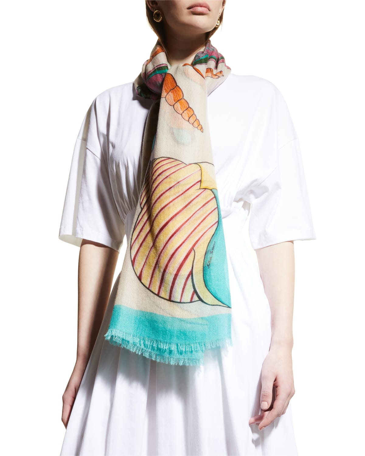Franco Ferrari Fringe Shells Cashmere Scarf In Ivory