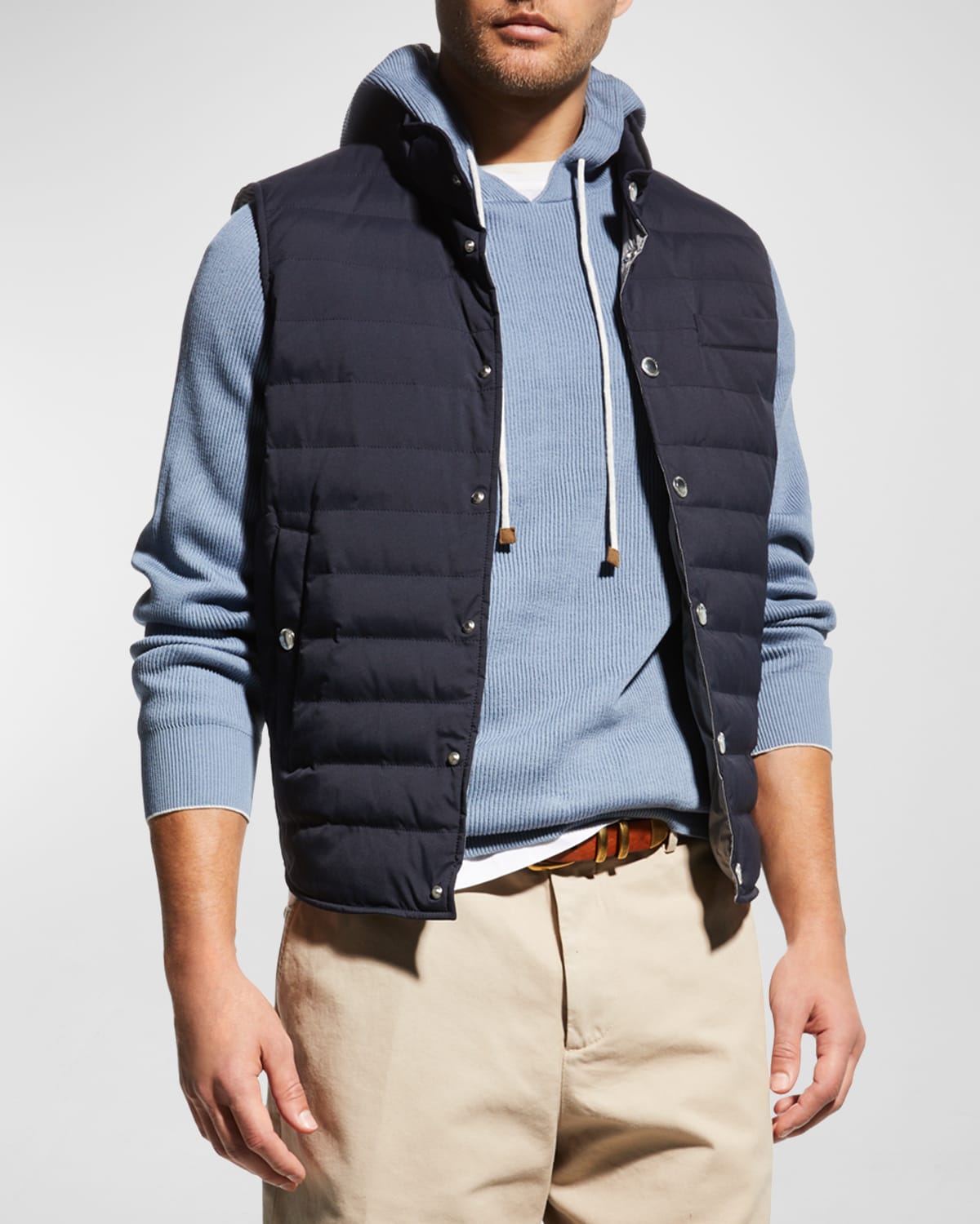 Shop Brunello Cucinelli Men's Snap-front Quilted Down Vest In Blue