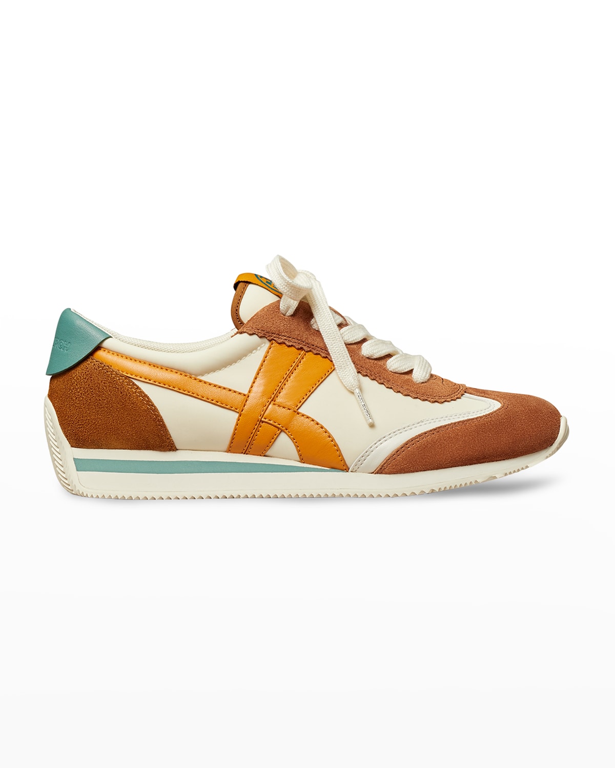 Tory Burch Hank Mixed Leather Retro Sneakers In New Ivory / Orang