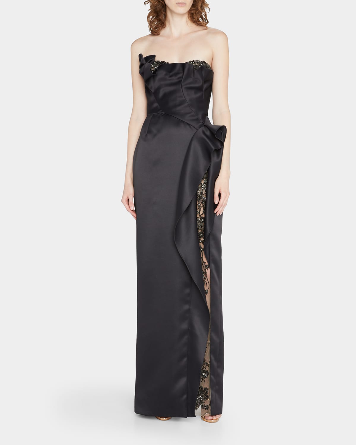 Shop Marchesa Crystal-embellished Floral Strapless Satin Column Gown In Black