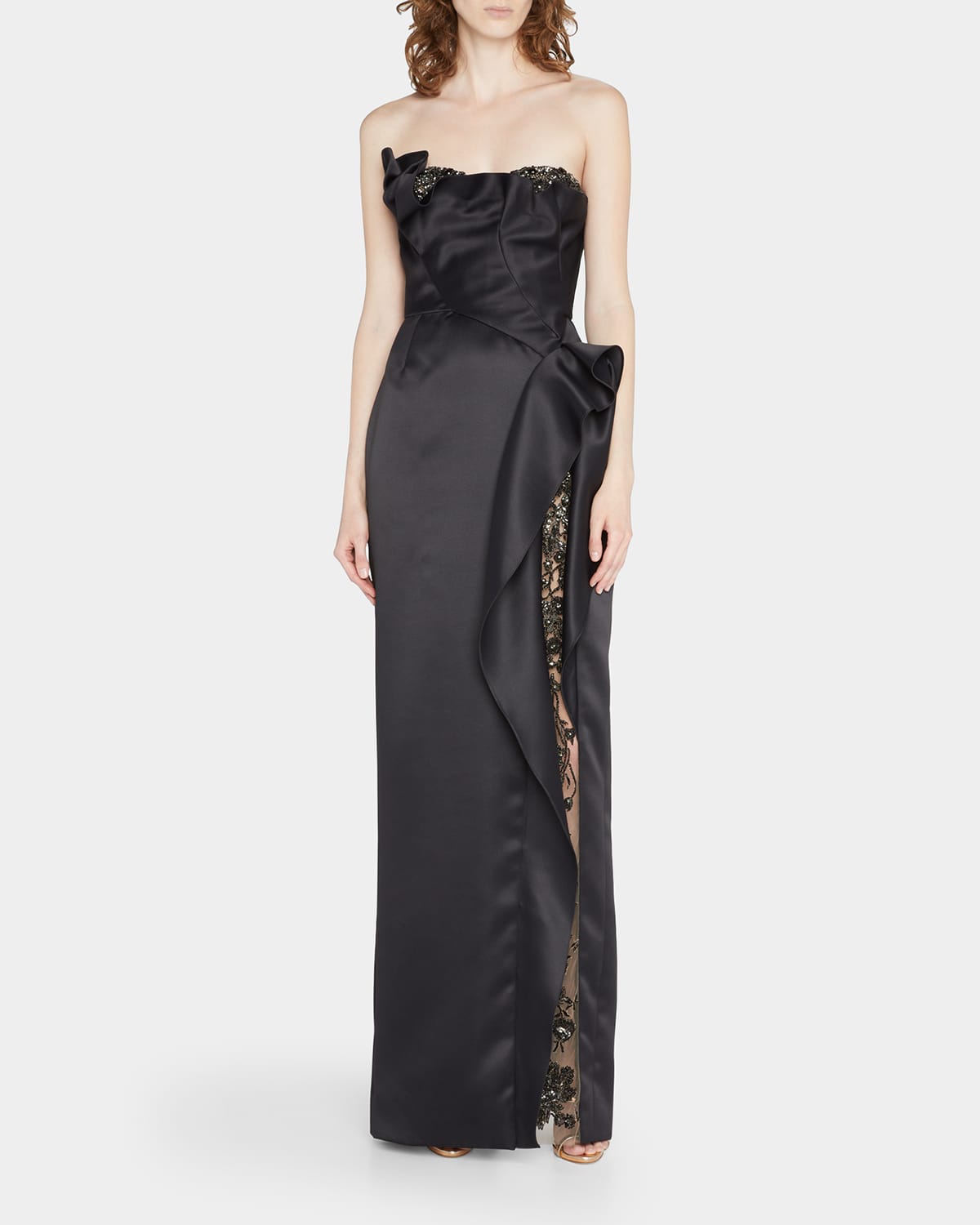 MARCHESA CRYSTAL-EMBELLISHED FLORAL STRAPLESS SATIN COLUMN GOWN