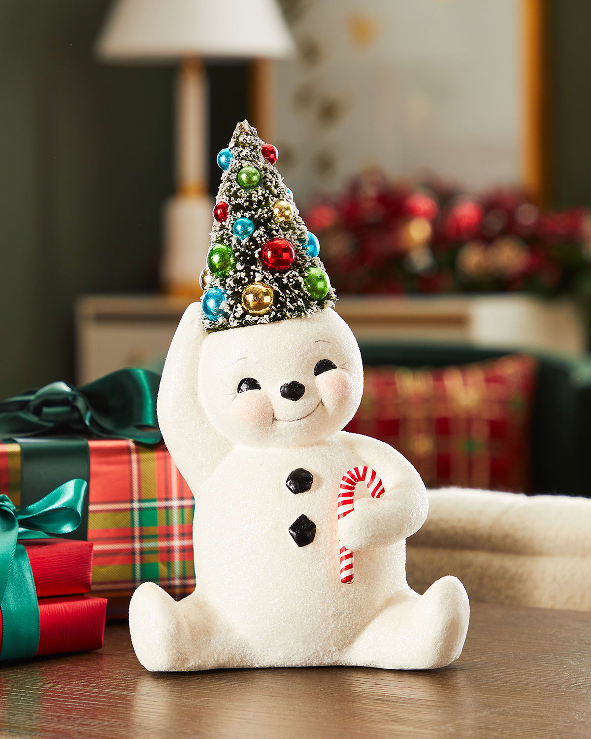 Holiday Retro Candy Cane Snowman With Tree, 11"T