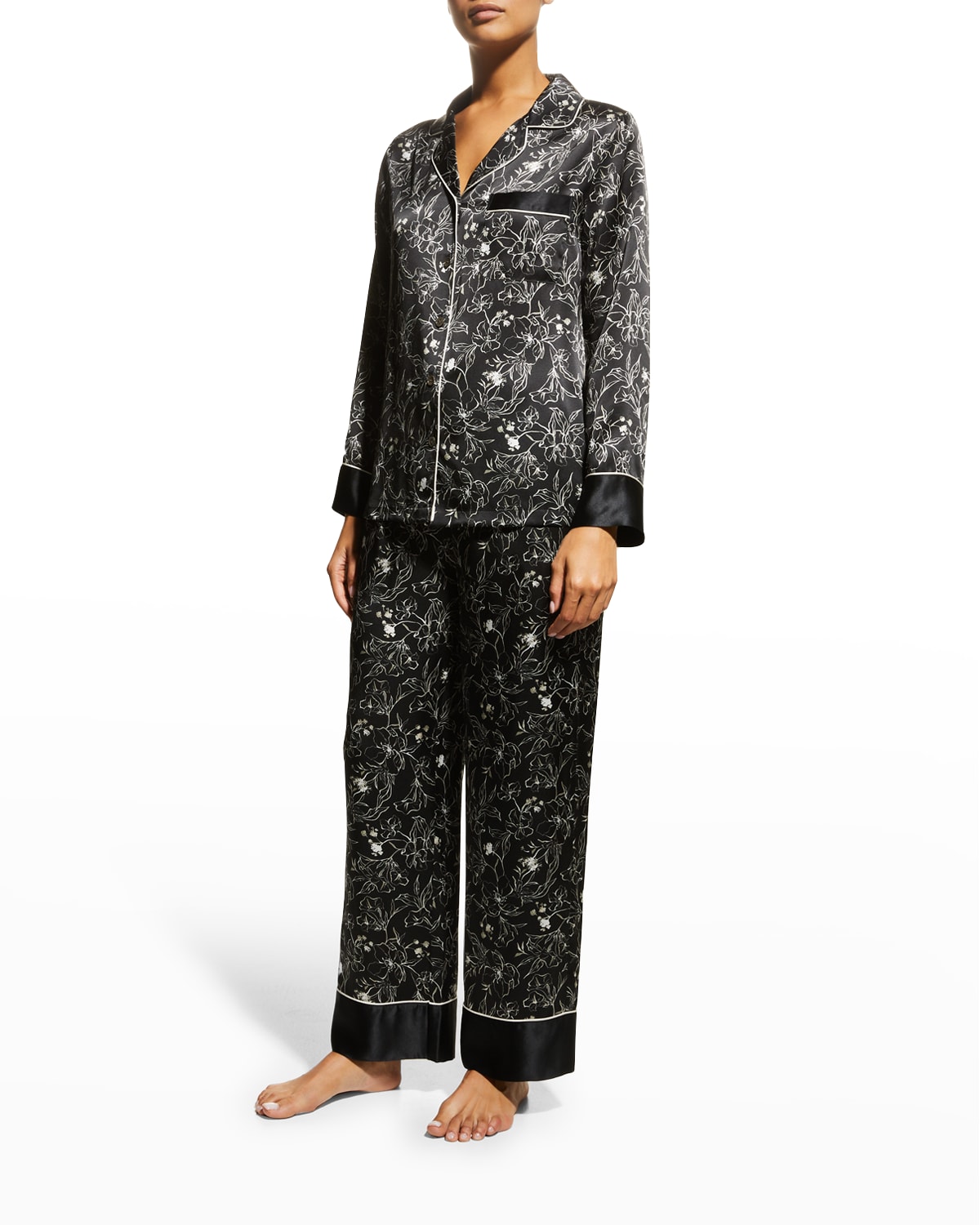 Neiman Marcus Long Printed Silk Pajama Set In Black Floral