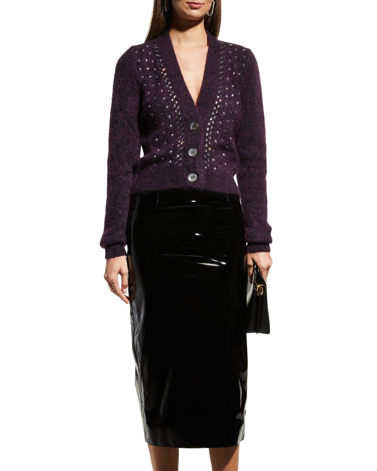 Alessandra Rich Button-front Crystal-embellished Mohair Cardigan In Purple