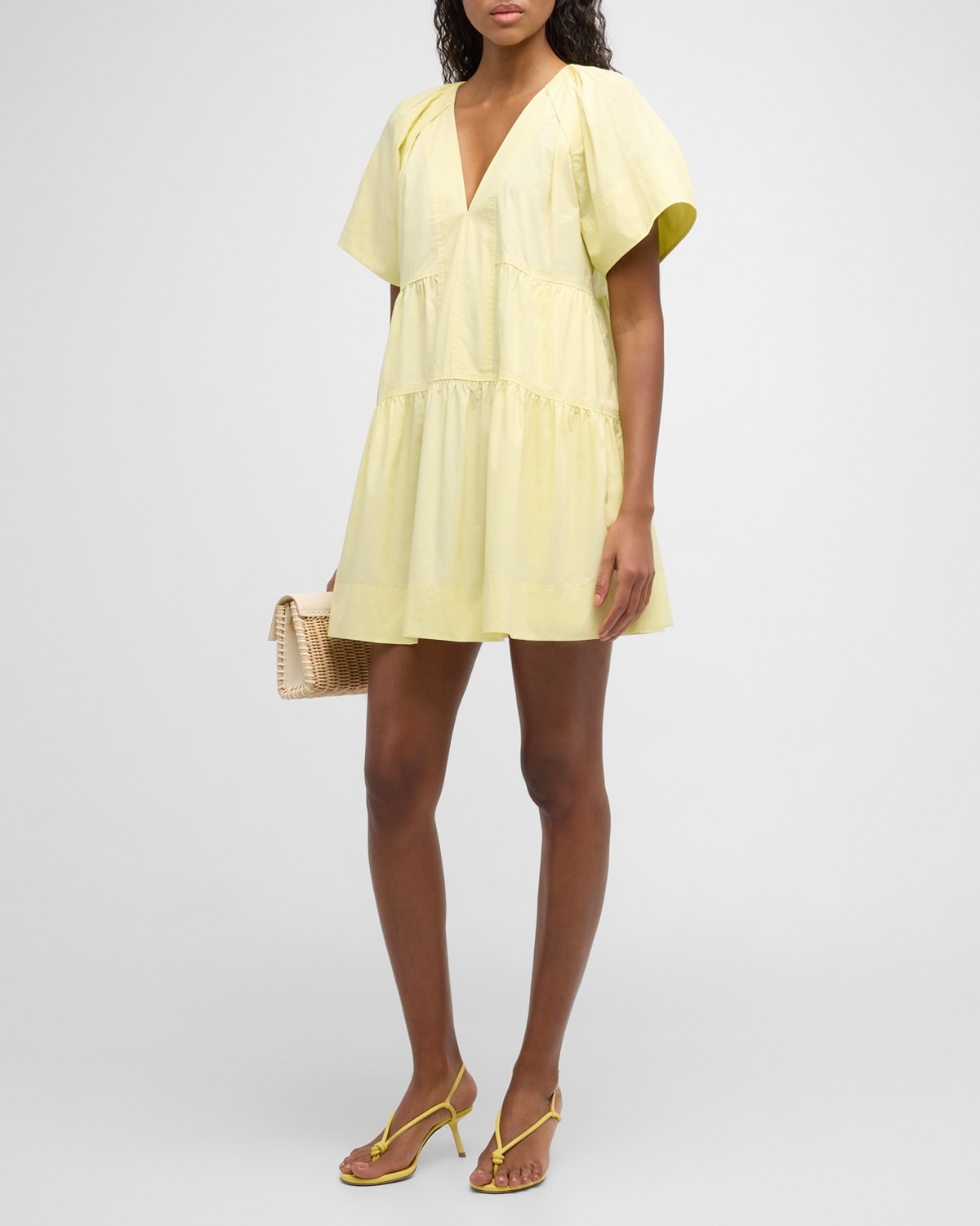 Shop A.l.c Camila Short-oversized Sleeve Tiered Mini Dress In Canary